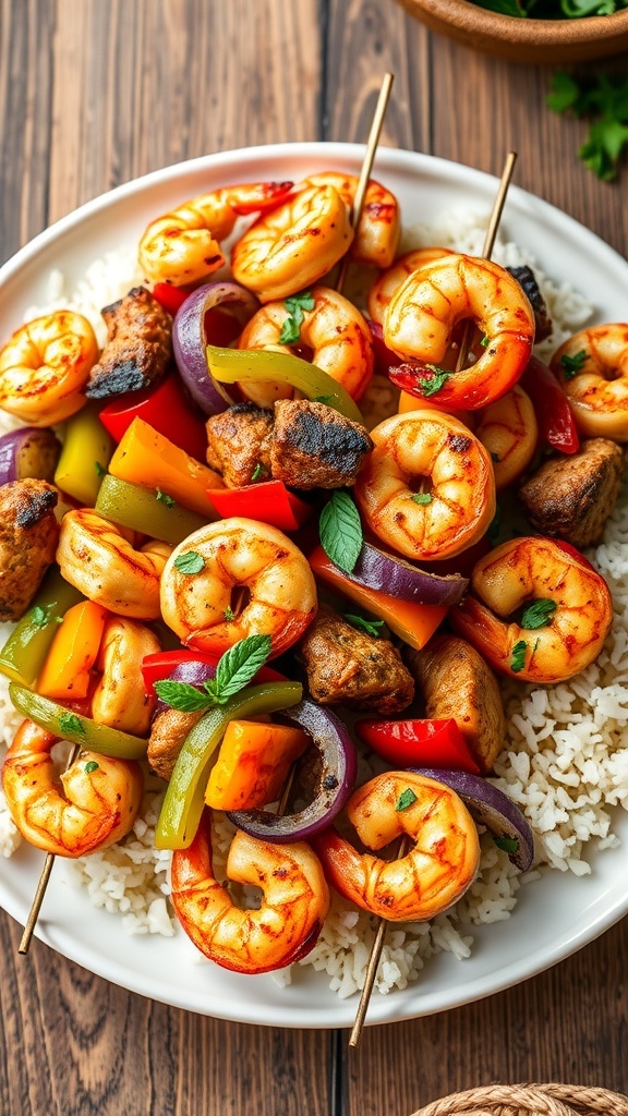 Air Fryer Chicken and Shrimp Kabobs Recipe Air fryer chicken and shrimp kabobs with bell peppers and onions on a plate, served with rice.